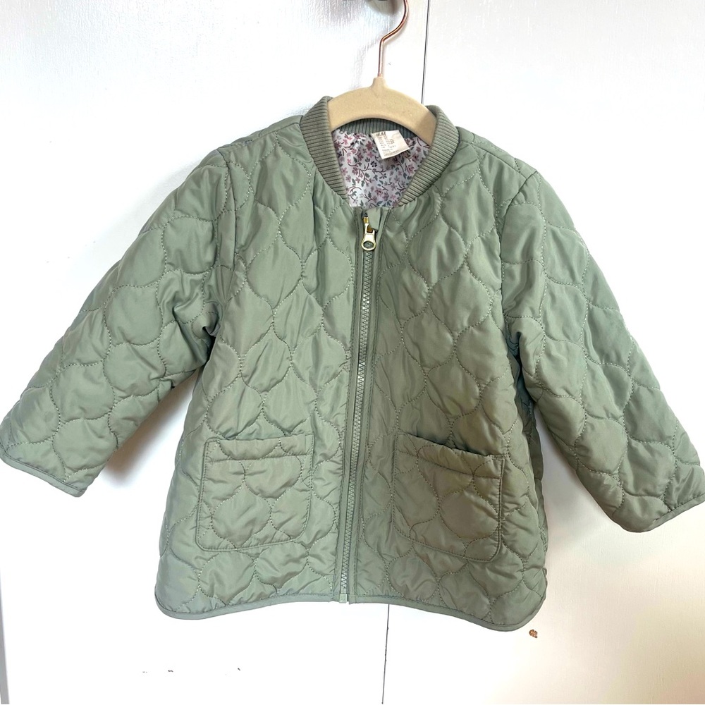 H&M Olive Quilted Girls Toddler Jacket Size 2T Floral Lining